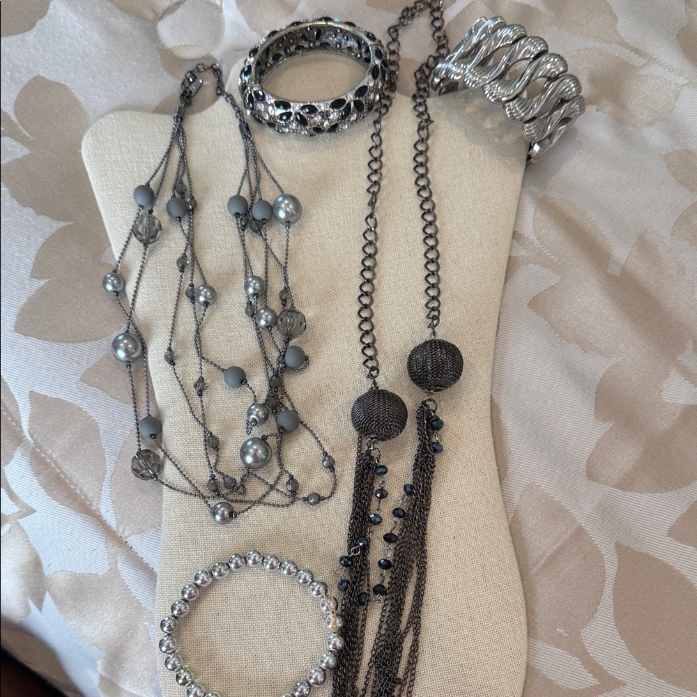 A Bundle of 5 Items 2 necklaces and 3 Bracelets Elegant Silver and Gray Jewelry